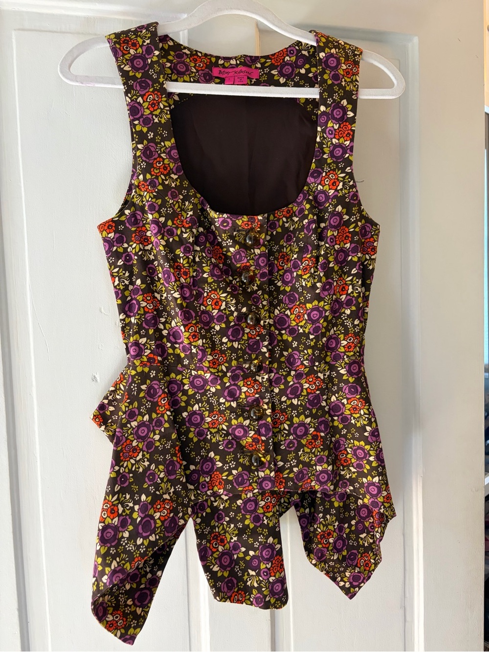Betsey Johnson Purple and Green Floral Peplum Tunic